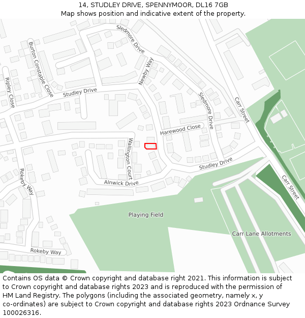 14, STUDLEY DRIVE, SPENNYMOOR, DL16 7GB: Location map and indicative extent of plot