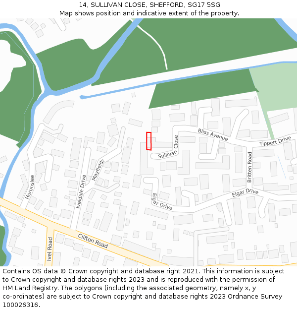 14, SULLIVAN CLOSE, SHEFFORD, SG17 5SG: Location map and indicative extent of plot