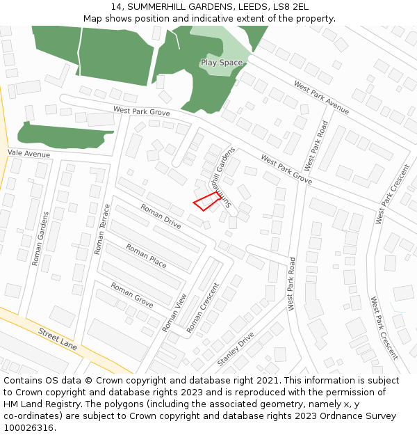 14, SUMMERHILL GARDENS, LEEDS, LS8 2EL: Location map and indicative extent of plot