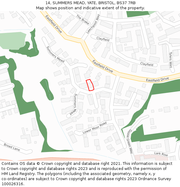 14, SUMMERS MEAD, YATE, BRISTOL, BS37 7RB: Location map and indicative extent of plot