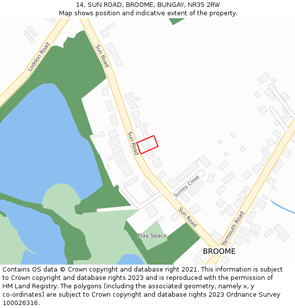 14, SUN ROAD, BROOME, BUNGAY, NR35 2RW: Location map and indicative extent of plot