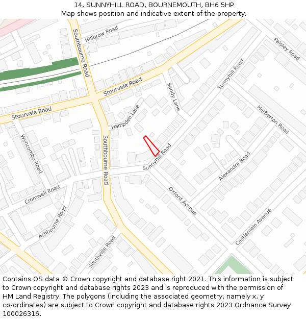 14, SUNNYHILL ROAD, BOURNEMOUTH, BH6 5HP: Location map and indicative extent of plot