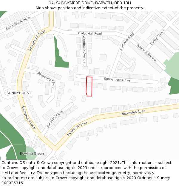 14, SUNNYMERE DRIVE, DARWEN, BB3 1RH: Location map and indicative extent of plot