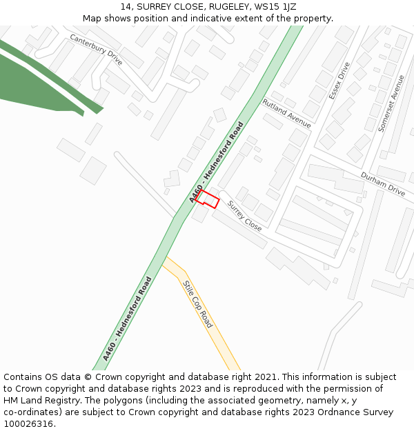 14, SURREY CLOSE, RUGELEY, WS15 1JZ: Location map and indicative extent of plot