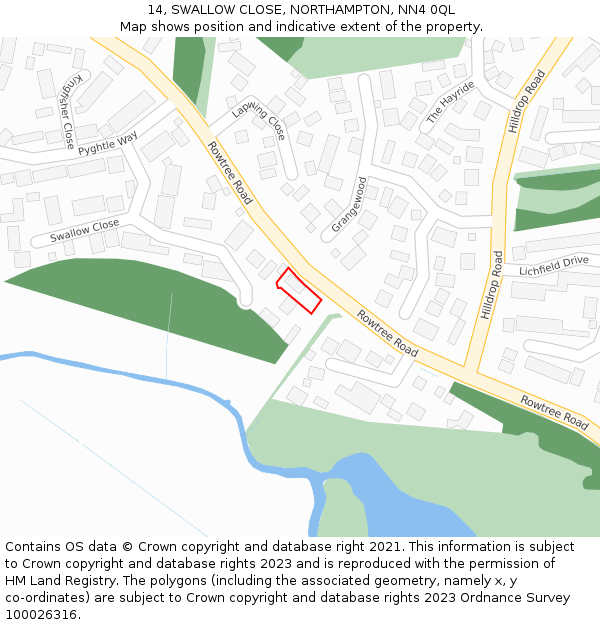 14, SWALLOW CLOSE, NORTHAMPTON, NN4 0QL: Location map and indicative extent of plot