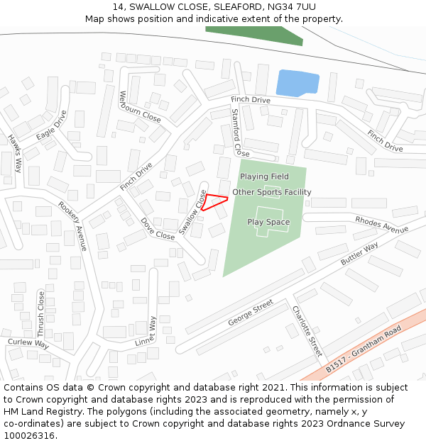 14, SWALLOW CLOSE, SLEAFORD, NG34 7UU: Location map and indicative extent of plot