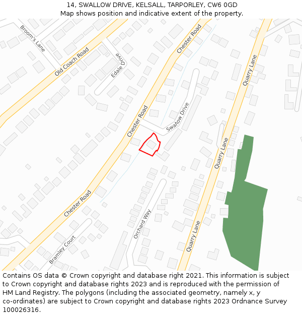 14, SWALLOW DRIVE, KELSALL, TARPORLEY, CW6 0GD: Location map and indicative extent of plot
