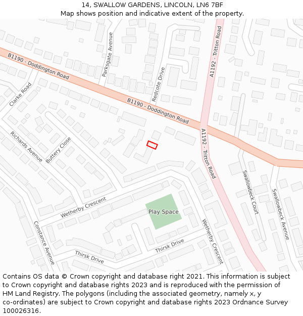 14, SWALLOW GARDENS, LINCOLN, LN6 7BF: Location map and indicative extent of plot