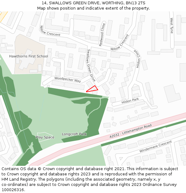 14, SWALLOWS GREEN DRIVE, WORTHING, BN13 2TS: Location map and indicative extent of plot