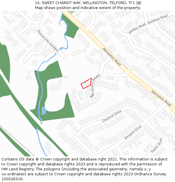 14, SWEET CHARIOT WAY, WELLINGTON, TELFORD, TF1 3JE: Location map and indicative extent of plot