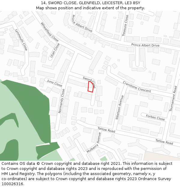 14, SWORD CLOSE, GLENFIELD, LEICESTER, LE3 8SY: Location map and indicative extent of plot