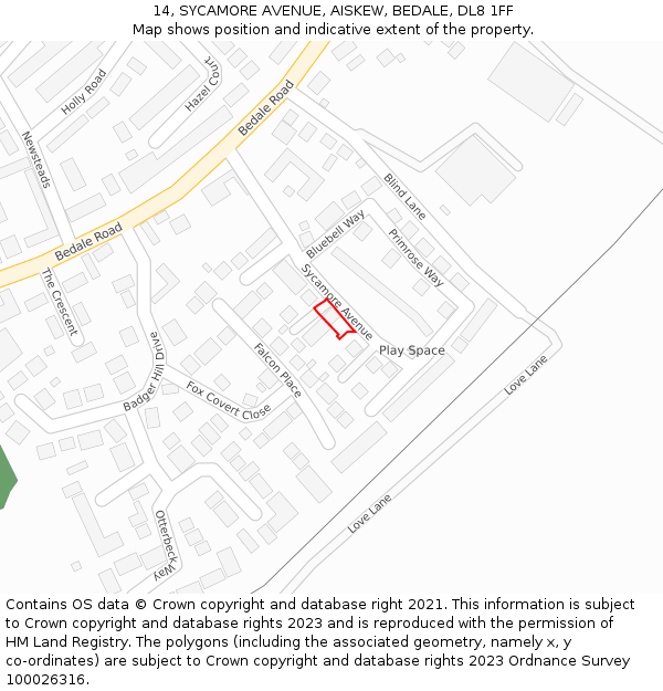 14, SYCAMORE AVENUE, AISKEW, BEDALE, DL8 1FF: Location map and indicative extent of plot