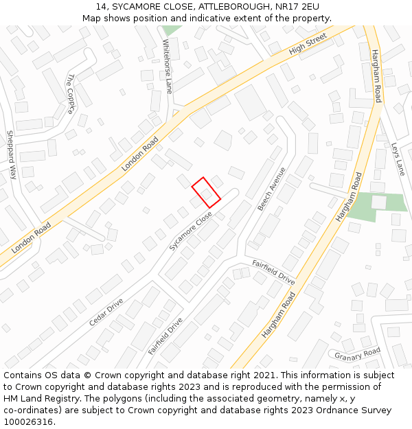 14, SYCAMORE CLOSE, ATTLEBOROUGH, NR17 2EU: Location map and indicative extent of plot