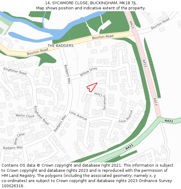14, SYCAMORE CLOSE, BUCKINGHAM, MK18 7JL: Location map and indicative extent of plot