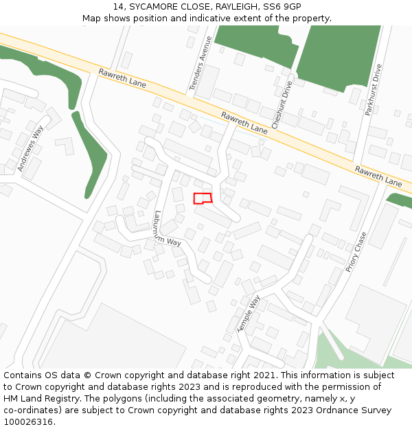 14, SYCAMORE CLOSE, RAYLEIGH, SS6 9GP: Location map and indicative extent of plot