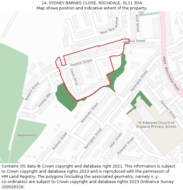 14, SYDNEY BARNES CLOSE, ROCHDALE, OL11 3DA: Location map and indicative extent of plot