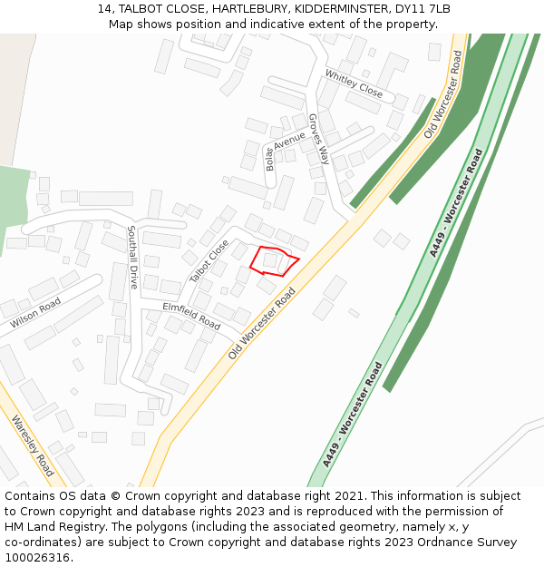 14, TALBOT CLOSE, HARTLEBURY, KIDDERMINSTER, DY11 7LB: Location map and indicative extent of plot