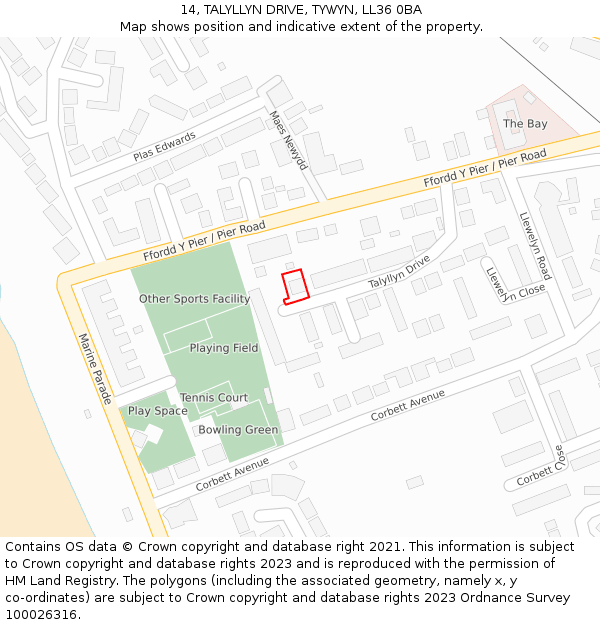 14, TALYLLYN DRIVE, TYWYN, LL36 0BA: Location map and indicative extent of plot