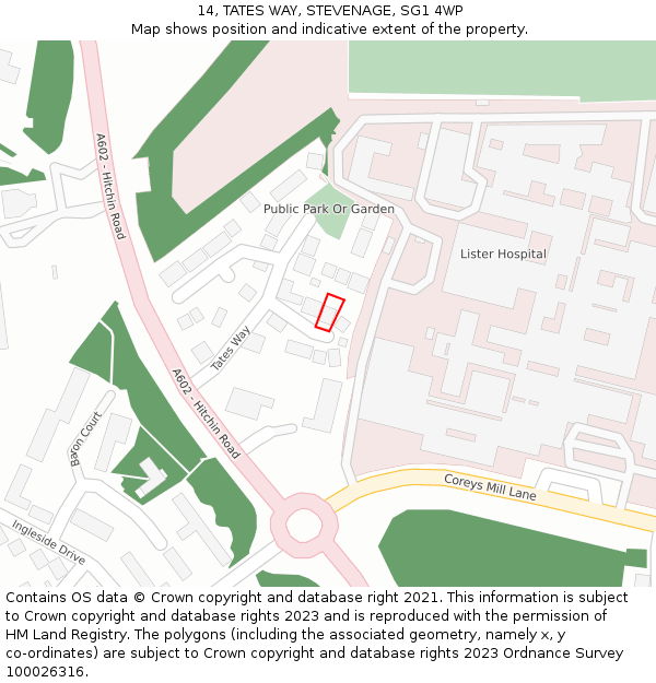 14, TATES WAY, STEVENAGE, SG1 4WP: Location map and indicative extent of plot