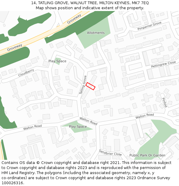 14, TATLING GROVE, WALNUT TREE, MILTON KEYNES, MK7 7EQ: Location map and indicative extent of plot