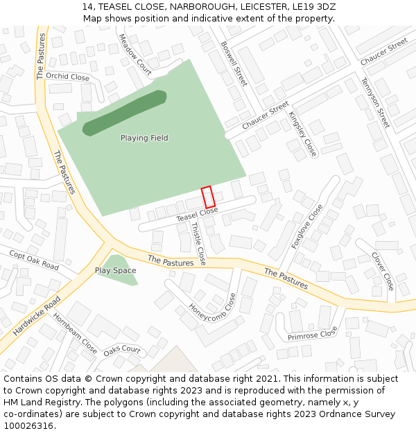 14, TEASEL CLOSE, NARBOROUGH, LEICESTER, LE19 3DZ: Location map and indicative extent of plot