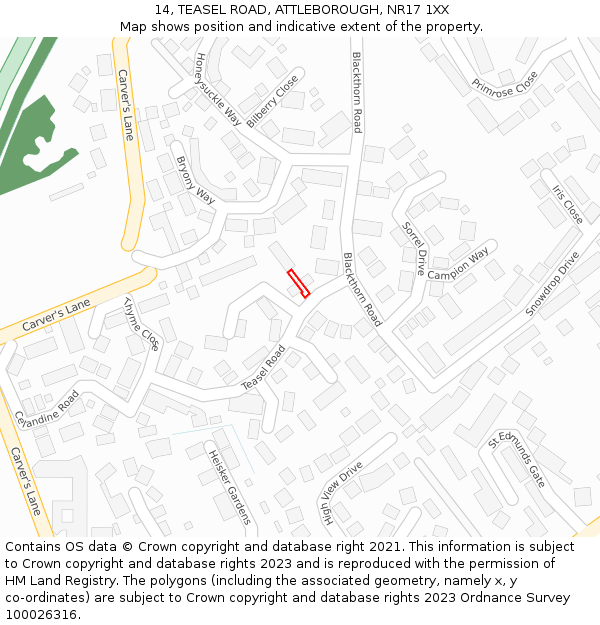 14, TEASEL ROAD, ATTLEBOROUGH, NR17 1XX: Location map and indicative extent of plot