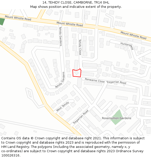 14, TEHIDY CLOSE, CAMBORNE, TR14 0HL: Location map and indicative extent of plot