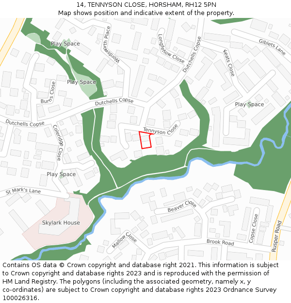 14, TENNYSON CLOSE, HORSHAM, RH12 5PN: Location map and indicative extent of plot