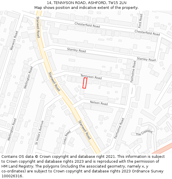 14, TENNYSON ROAD, ASHFORD, TW15 2LN: Location map and indicative extent of plot