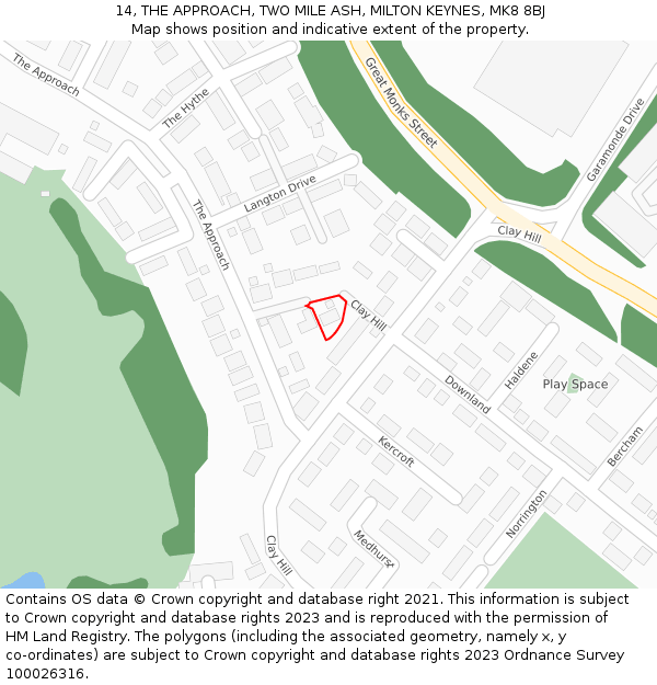 14, THE APPROACH, TWO MILE ASH, MILTON KEYNES, MK8 8BJ: Location map and indicative extent of plot