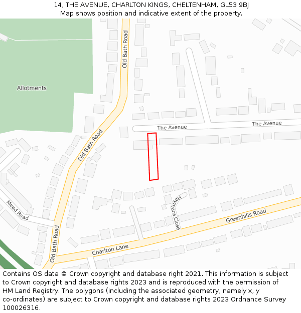 14, THE AVENUE, CHARLTON KINGS, CHELTENHAM, GL53 9BJ: Location map and indicative extent of plot