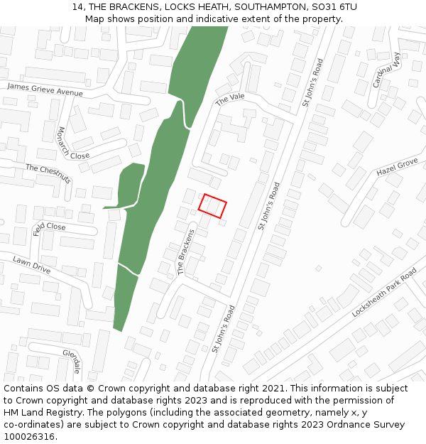 14, THE BRACKENS, LOCKS HEATH, SOUTHAMPTON, SO31 6TU: Location map and indicative extent of plot