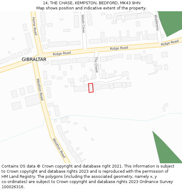14, THE CHASE, KEMPSTON, BEDFORD, MK43 9HN: Location map and indicative extent of plot