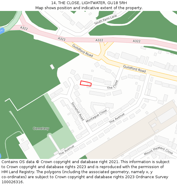 14, THE CLOSE, LIGHTWATER, GU18 5RH: Location map and indicative extent of plot