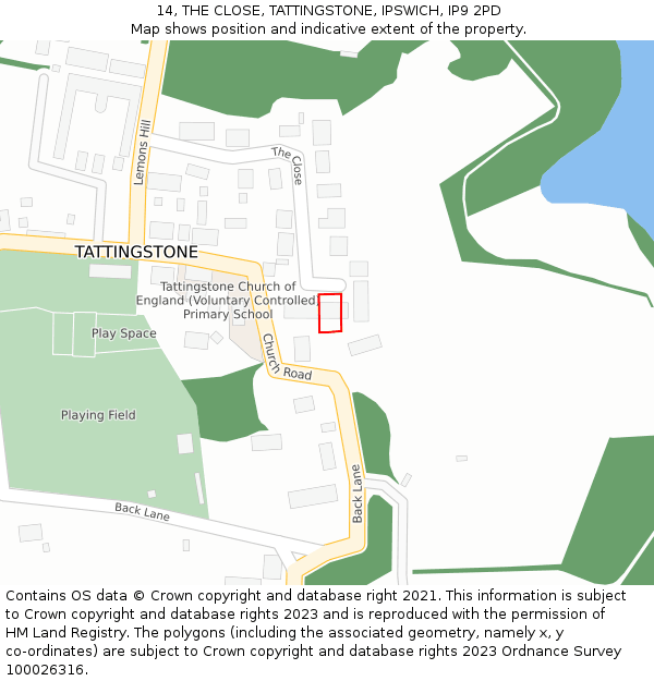 14, THE CLOSE, TATTINGSTONE, IPSWICH, IP9 2PD: Location map and indicative extent of plot