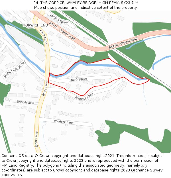 14, THE COPPICE, WHALEY BRIDGE, HIGH PEAK, SK23 7LH: Location map and indicative extent of plot