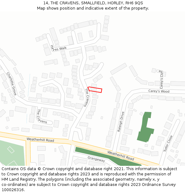 14, THE CRAVENS, SMALLFIELD, HORLEY, RH6 9QS: Location map and indicative extent of plot