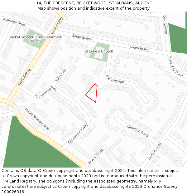 14, THE CRESCENT, BRICKET WOOD, ST. ALBANS, AL2 3NF: Location map and indicative extent of plot