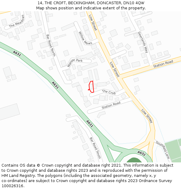 14, THE CROFT, BECKINGHAM, DONCASTER, DN10 4QW: Location map and indicative extent of plot