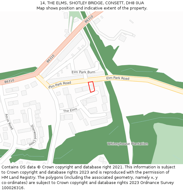 14, THE ELMS, SHOTLEY BRIDGE, CONSETT, DH8 0UA: Location map and indicative extent of plot