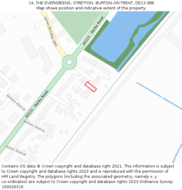 14, THE EVERGREENS, STRETTON, BURTON-ON-TRENT, DE13 0BE: Location map and indicative extent of plot