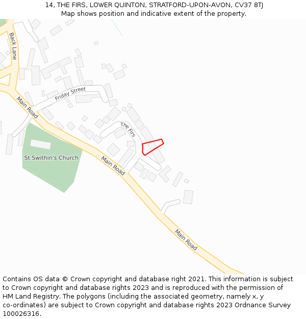 14, THE FIRS, LOWER QUINTON, STRATFORD-UPON-AVON, CV37 8TJ: Location map and indicative extent of plot