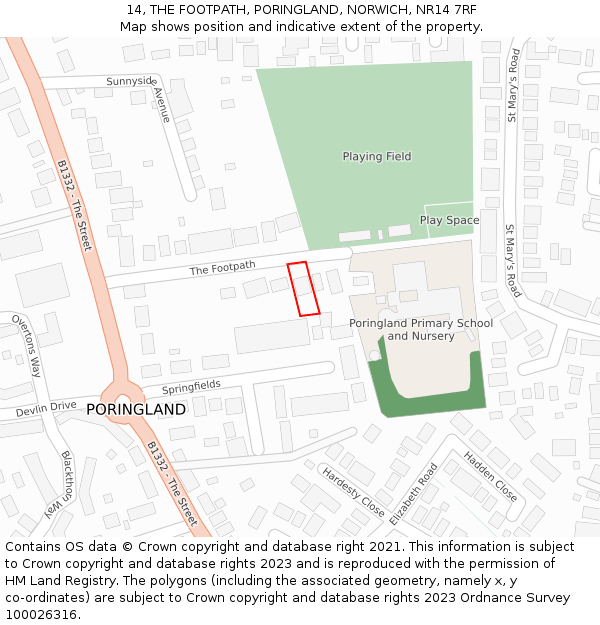 14, THE FOOTPATH, PORINGLAND, NORWICH, NR14 7RF: Location map and indicative extent of plot