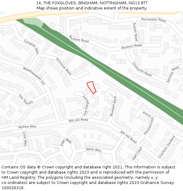 14, THE FOXGLOVES, BINGHAM, NOTTINGHAM, NG13 8TT: Location map and indicative extent of plot