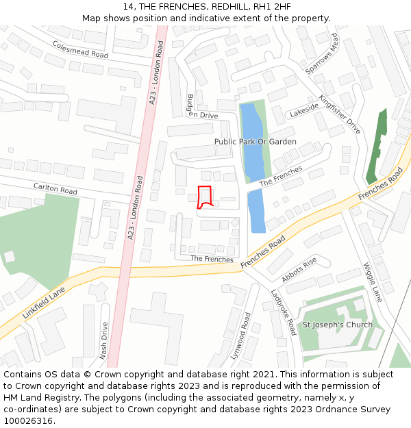 14, THE FRENCHES, REDHILL, RH1 2HF: Location map and indicative extent of plot