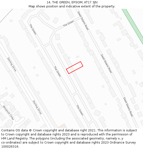 14, THE GREEN, EPSOM, KT17 3JN: Location map and indicative extent of plot