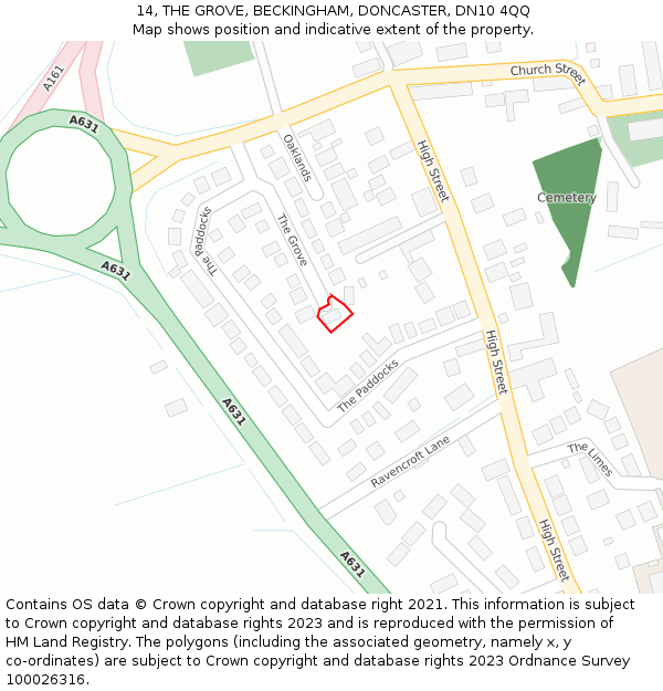 14, THE GROVE, BECKINGHAM, DONCASTER, DN10 4QQ: Location map and indicative extent of plot