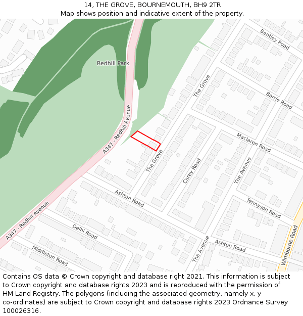 14, THE GROVE, BOURNEMOUTH, BH9 2TR: Location map and indicative extent of plot