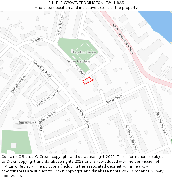 14, THE GROVE, TEDDINGTON, TW11 8AS: Location map and indicative extent of plot