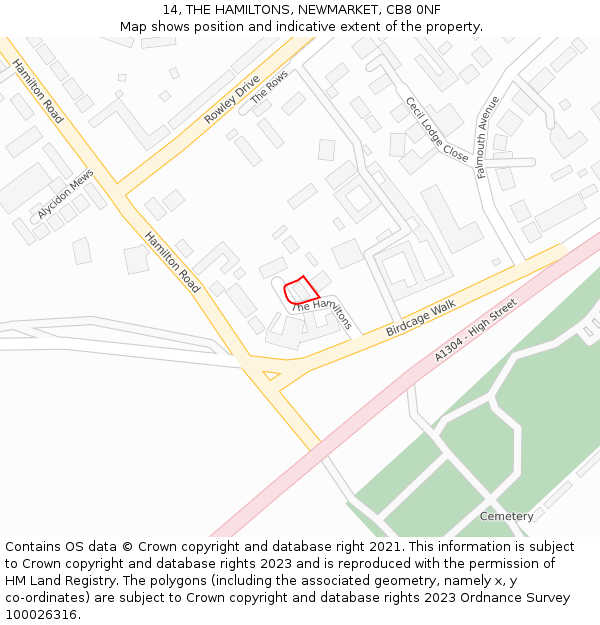 14, THE HAMILTONS, NEWMARKET, CB8 0NF: Location map and indicative extent of plot